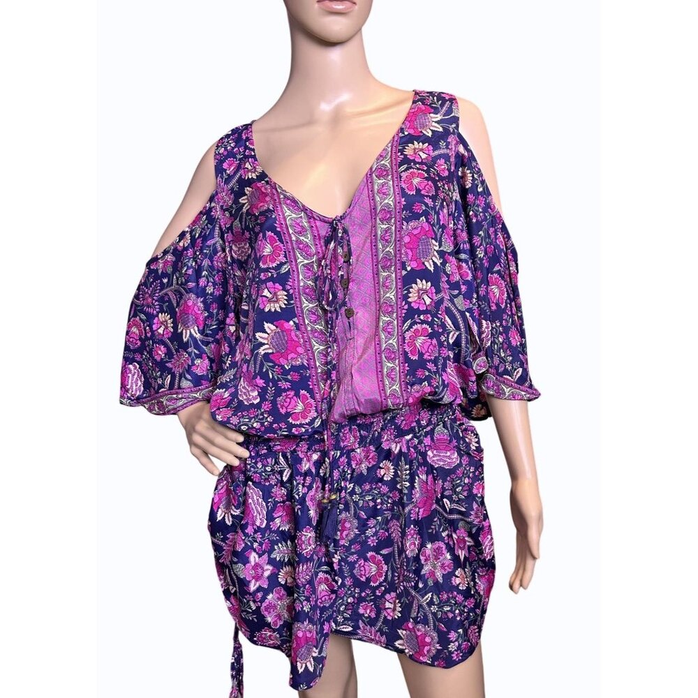 Raga Pullover Romper Purple/Pink Floral V-Neck Cold Shoulder Drawstring Waist M